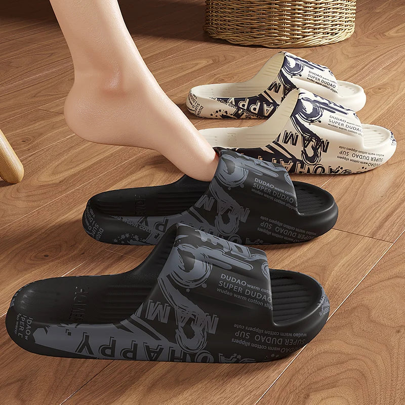 Summer Plus Size 48-49 Graffiti Bear Print Men Slippers Home Flip Flops Thick Couple Women Beach Shoes Sandals