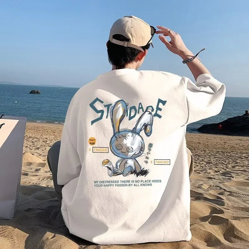 8XL Men Oversize Korean Fashion Loose American Love Puppet Rabbit Print Short Sleeve Round Neck Versatile Trend Couple outfit - Live Store 4U