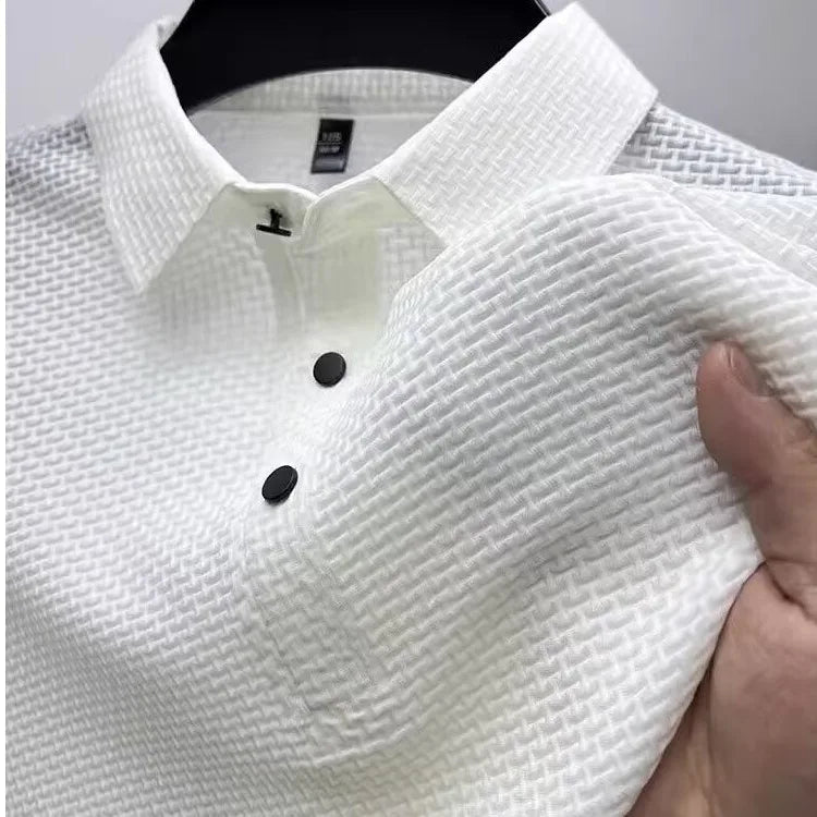 Summer New Men's Lop-up Hollow Short-sleeved Polo Tee Shirt Ice Silk Breathable Business Fashion T-Shirt Male Brand Clothes - Live Store 4U
