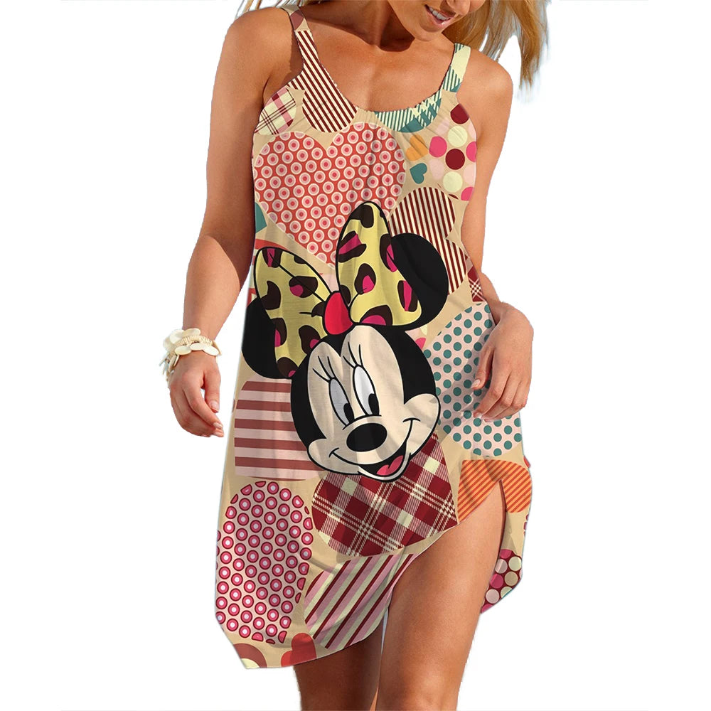 Disney Mickey Minnie Slip Dresses For Woman Summer 3D Print Clothing Cartoon Women's Beach Dress Cute Sexy Sling Beach Cool Top
