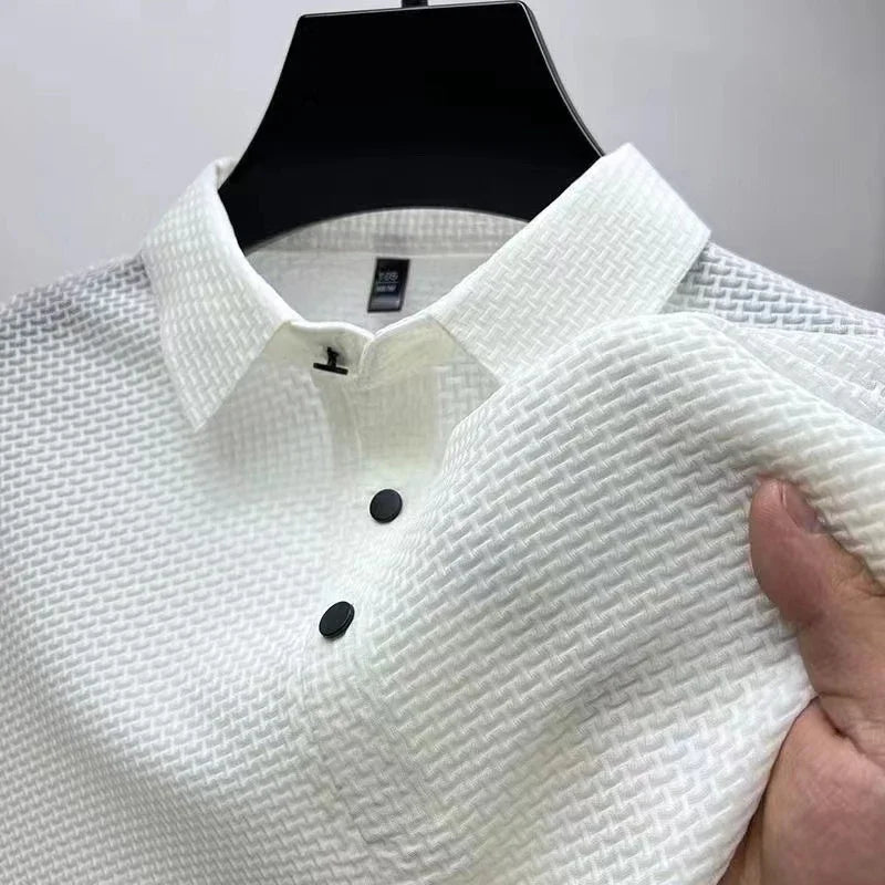 New Men's Business Casual Short Sleeved Bone Flower Solid Color POLO Shirt Fashion Breathable Comfortable Summer Versatile Top - Live Store 4U