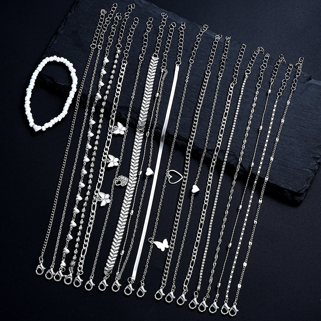 19Pcs/Set New Design Silver Color Anklet Sets for Women Fashion Pearl Butterfly Heart Crystal Foot Chain Versatile Daily Jewelry - Live Store 4U