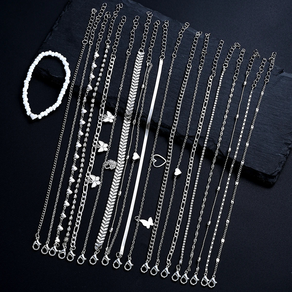 19Pcs/Set New Design Silver Color Anklet Sets for Women Fashion Pearl Butterfly Heart Crystal Foot Chain Versatile Daily Jewelry - Live Store 4U