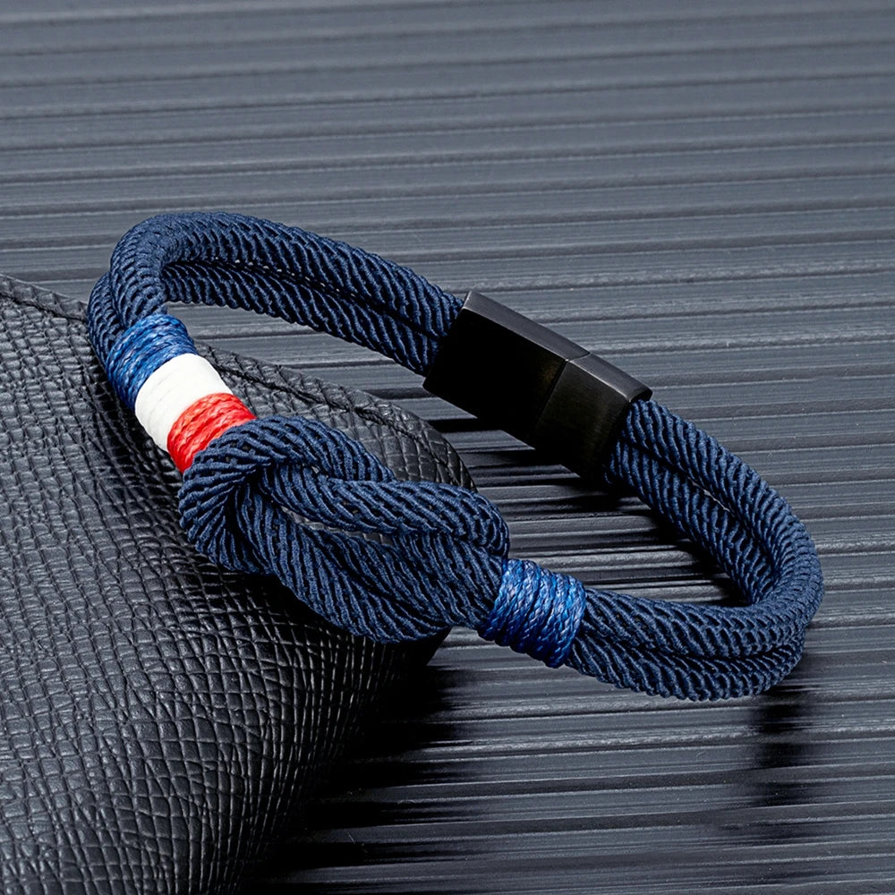 MKENDN Black Stainless Steel Square Knot Rope Bracelet Men Women Handmade Woven Double-Layer Design France Flag Couple Jewelry - Live Store 4U