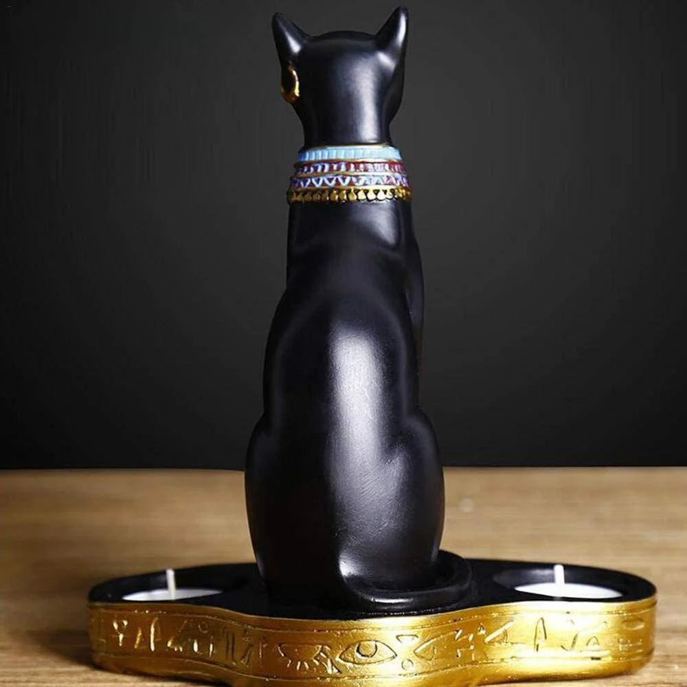 Egyptian Cat Craft Candlestick Candle Holder Resin Statue Retro Cat Goddess Figurine Home Office Garden Decoration Gift Ornament