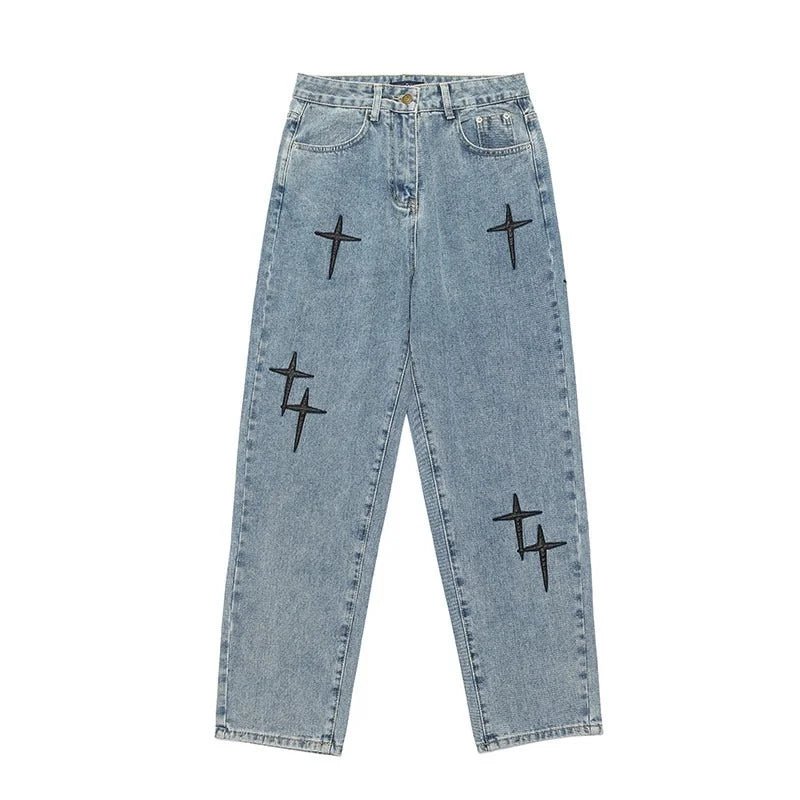 Prints Jeans Men 2023 New Streetwear Baggy Wide Leg Jeans Korean Fashion Drapes Straight Casual Loose Denim Cargo Pants - Live Store 4U