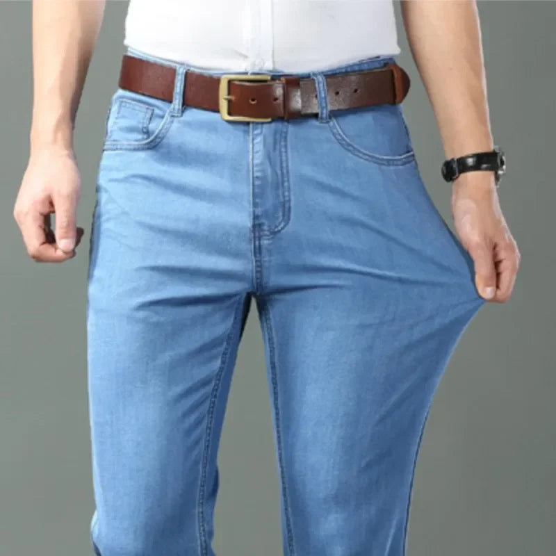 New Ice Silk Thin Denim Jeans For Men Blue Straight Stretch Cotton Pants Business Casual Lightweight Trousers Spring Summer - Live Store 4U