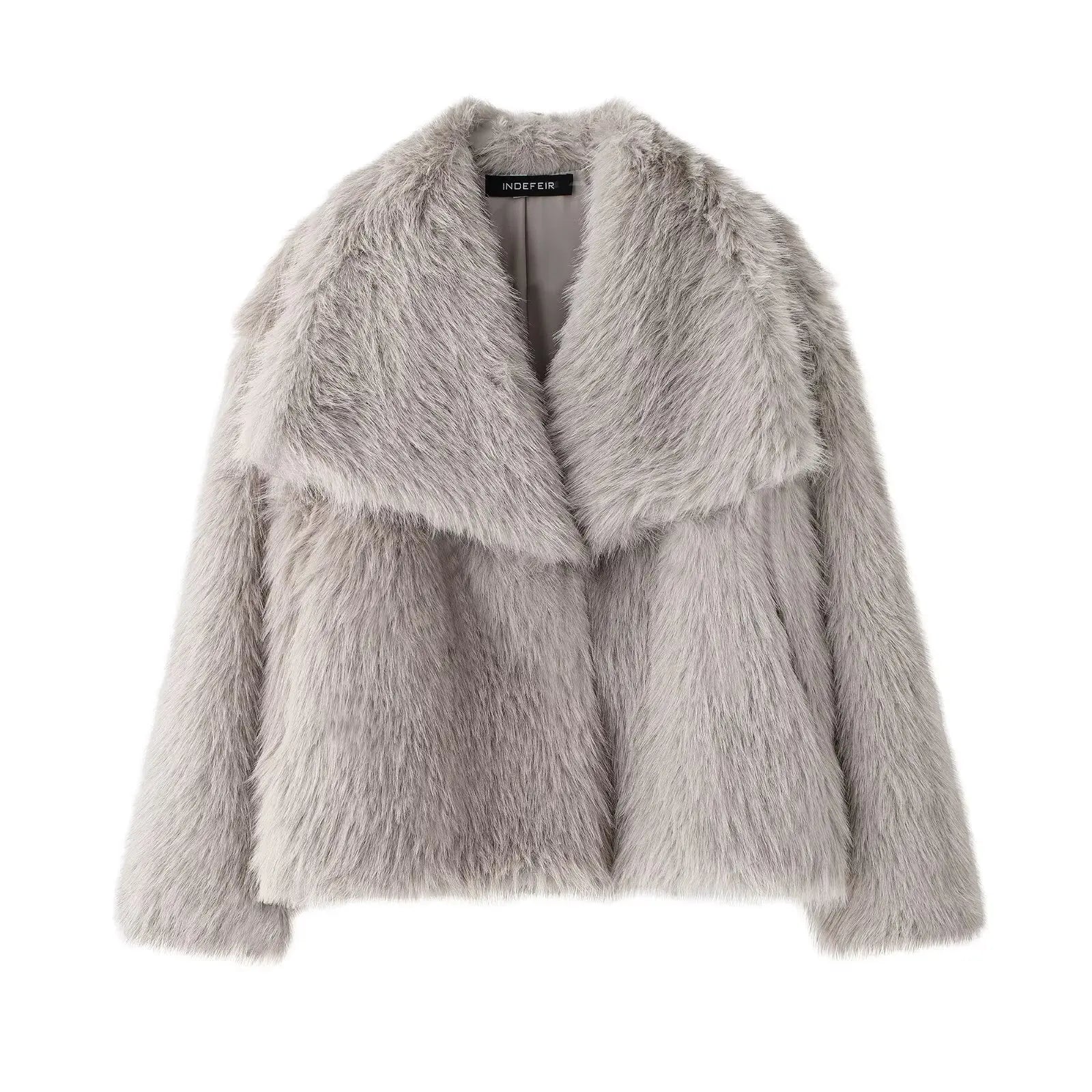 TRAFZA Women Fashion Cropped Faux Fur Jacket Coat Long Sleeve Front Snap-button Female Outerwear Chic Lapel Collar Thick Coat