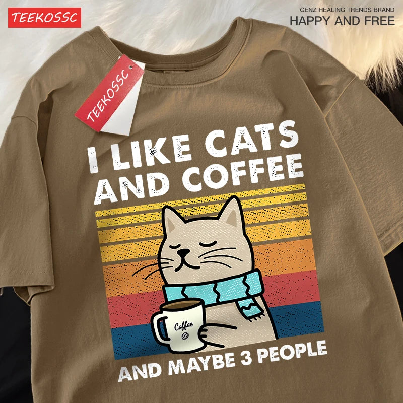 I Like Cats And Coffee Men Women T-Shirt Cotton Tee Clothes Hip Hop Loose Tshirt Fashion Crewneck T-Shirt Streetwear Couple - Live Store 4U