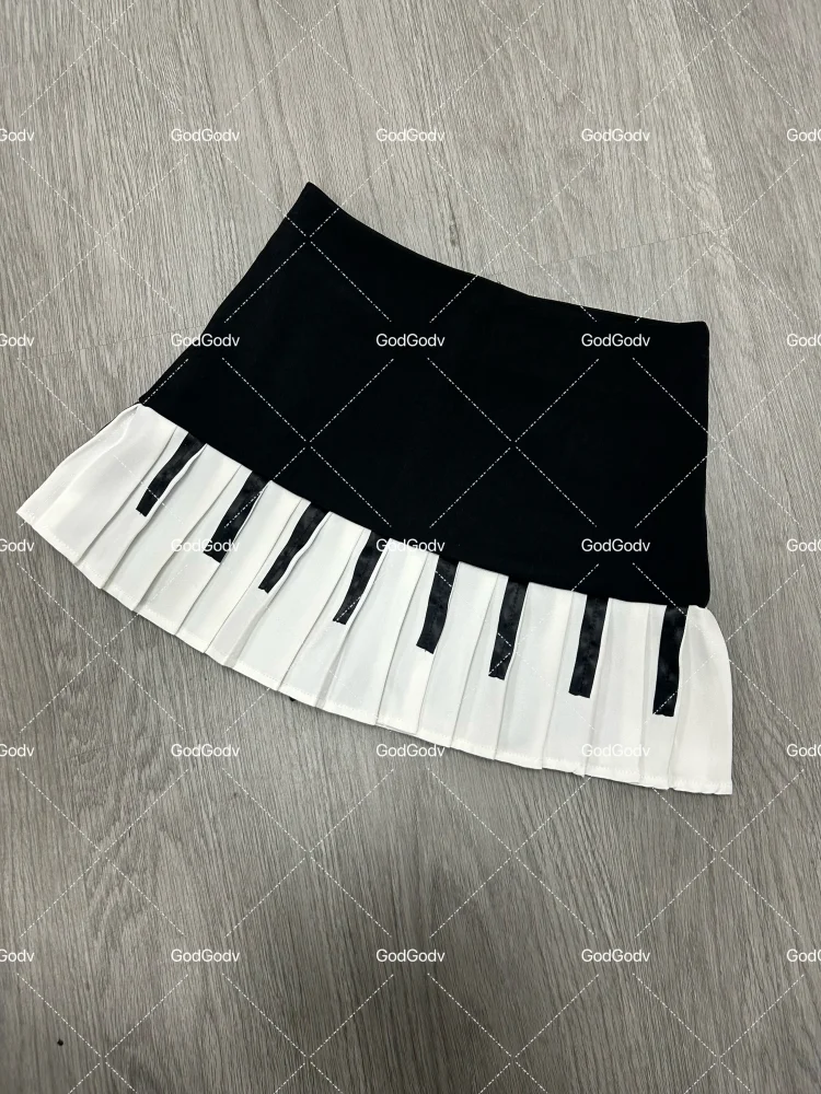 Spring Black White Spliced Women Short Skirt 2025 Y2k Slim Design Harajuku Mini Skirt Female Empire Korea Style Chic Piano Skirt - Live Store 4U