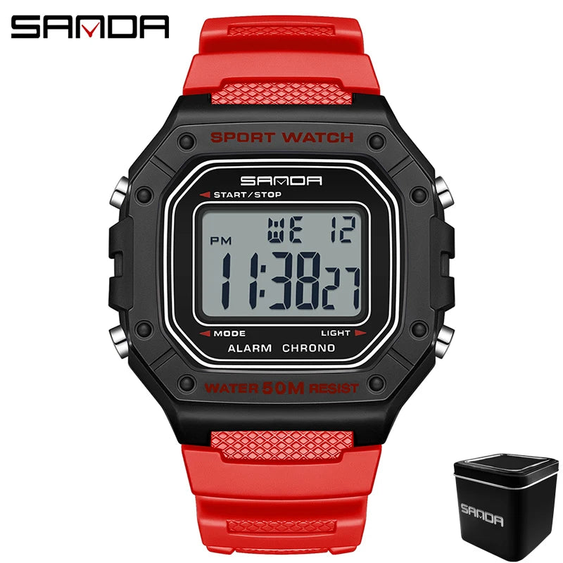 SANDA 2156 Men Watch New Model Electronic Digital Movement Rectangle Led Display Dial Outdoor Sports Watertight Male Wrist Watch