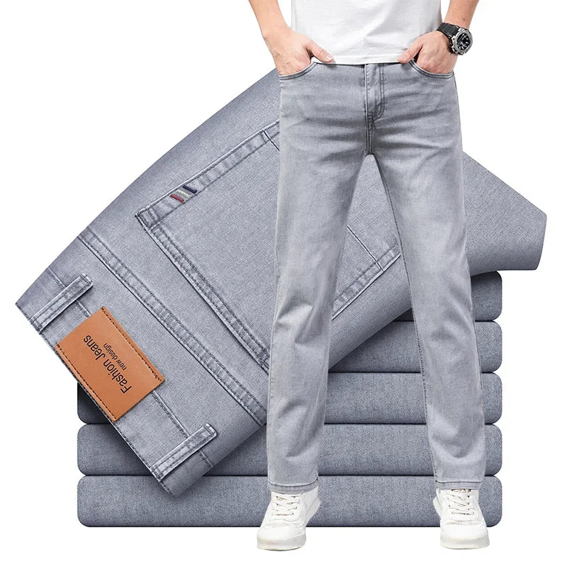 Summer Thin Men's Elastic Cotton Jeans Fashion Gray Comfortable Business Straight Casual Pants Brand Male Clothes Trousers - Live Store 4U