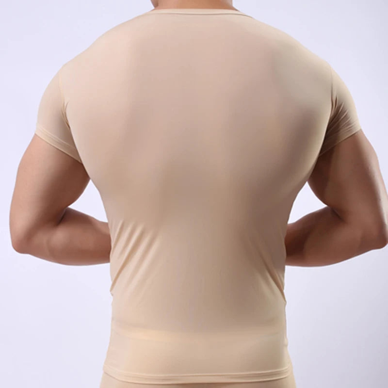 Men's Sheer Undershirts Man Ice Silk Mesh See through Basics Shirts Sexy Fitness Bodybuilding Underwear - Live Store 4U