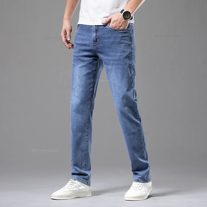 Summer Thin Men's Elastic Cotton Jeans Fashion Gray Comfortable Business Straight Casual Pants Brand Male Clothes Trousers - Live Store 4U