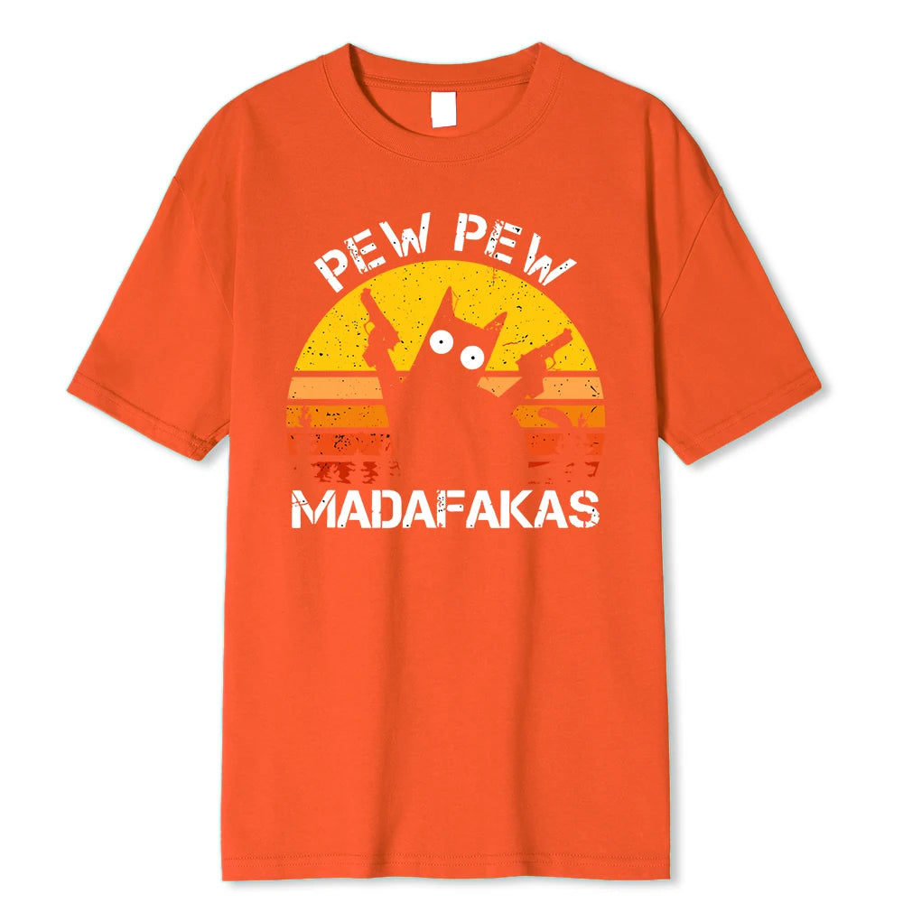 Pew Pew Madafakas Cat With Two Guns Printing Men T Shirts Summer Cotton T-Shirts Breathable Loose Clothes Hip Hop Street Tees - Live Store 4U