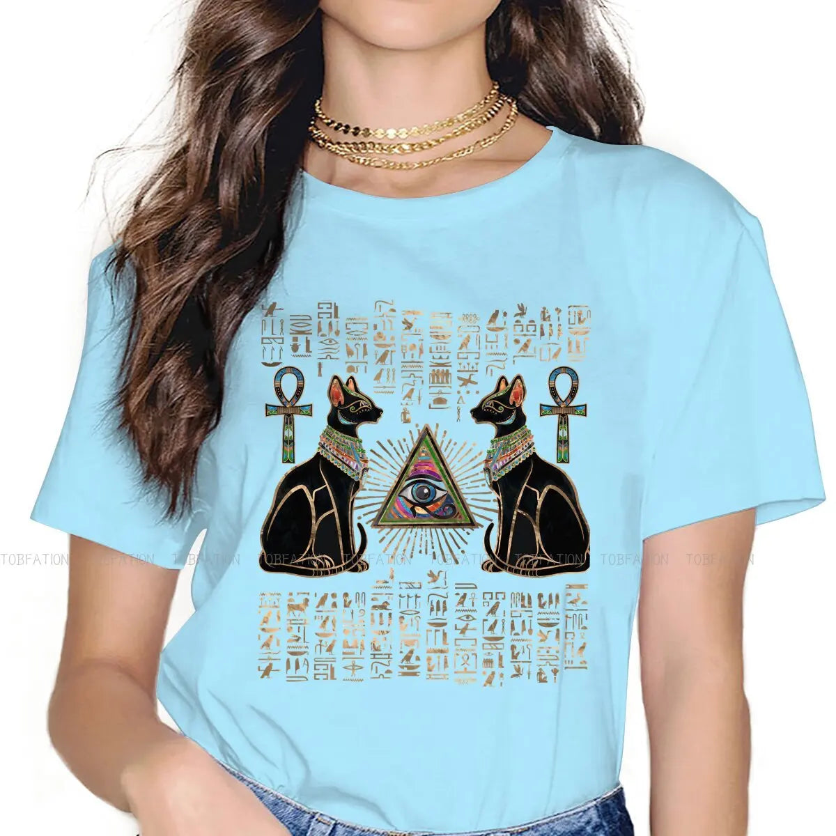 Cat Essential Women Shirts Ancient Egypt Egyptian Korean StyleT-shirt Kawaii 100% Cotton Female Clothing