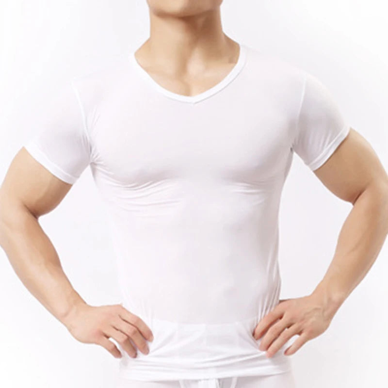 Men's Sheer Undershirts Man Ice Silk Mesh See through Basics Shirts Sexy Fitness Bodybuilding Underwear - Live Store 4U