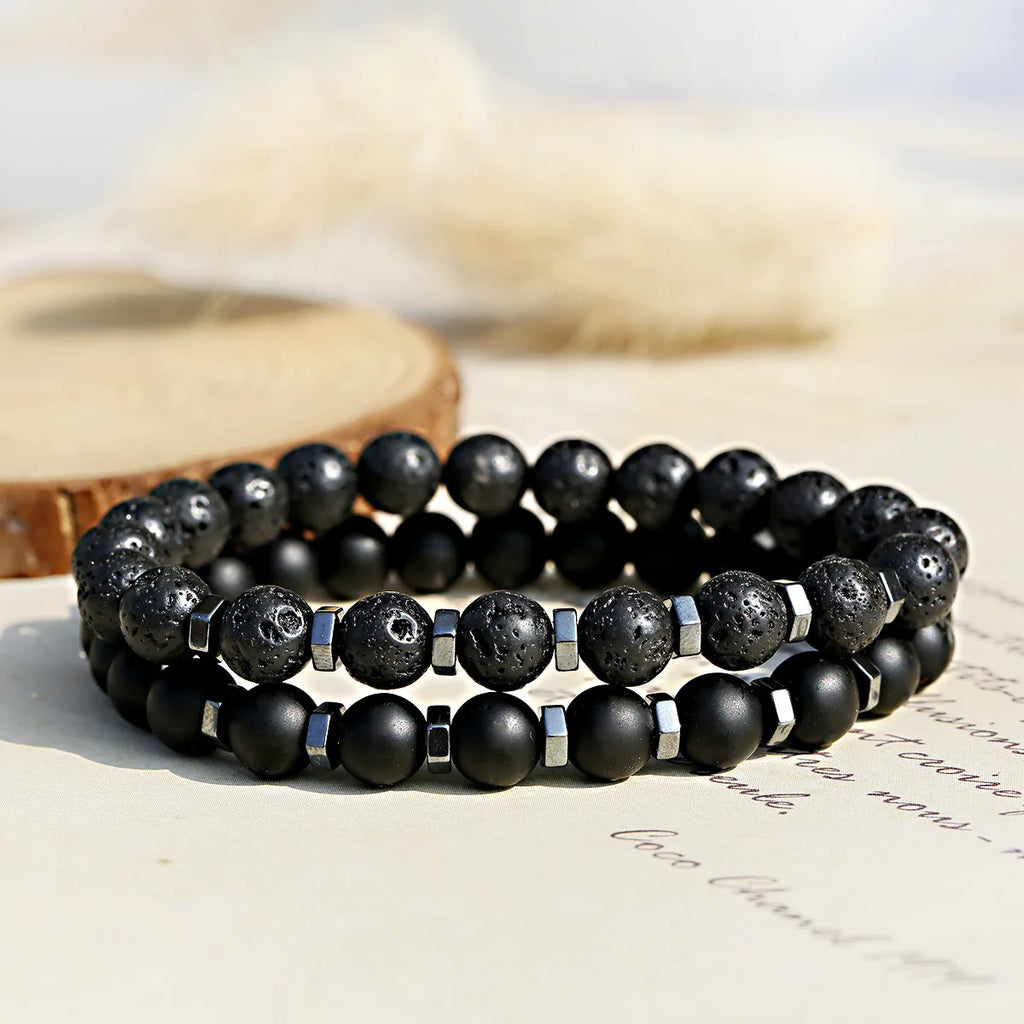 New In Frosted Black Bead Volcanic Stone Men’s Bracelet Set Double Layer Nature Stone Beaded Bracelets Gifts - Live Store 4U