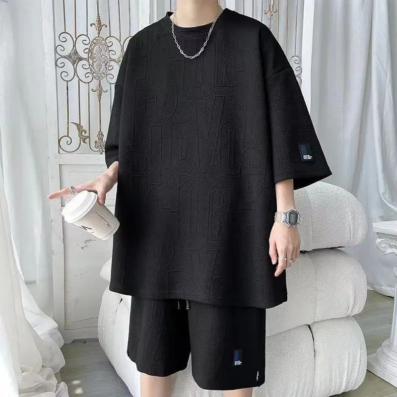2025 3D Men's new Waffle TZ30 Summer Suit  Casual T-shirt + Shorts Suit Men's Tracksuit Solid color tracksuit loose suit - Live Store 4U