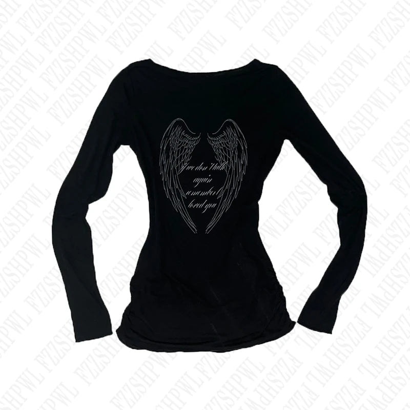Gothic Harajuku Vintage Punk Emo Girls Long Sleeve Tee Sexy Slim Chic Printing Crop Tops Grunge Y2K Aesthetic Women's Streetwear