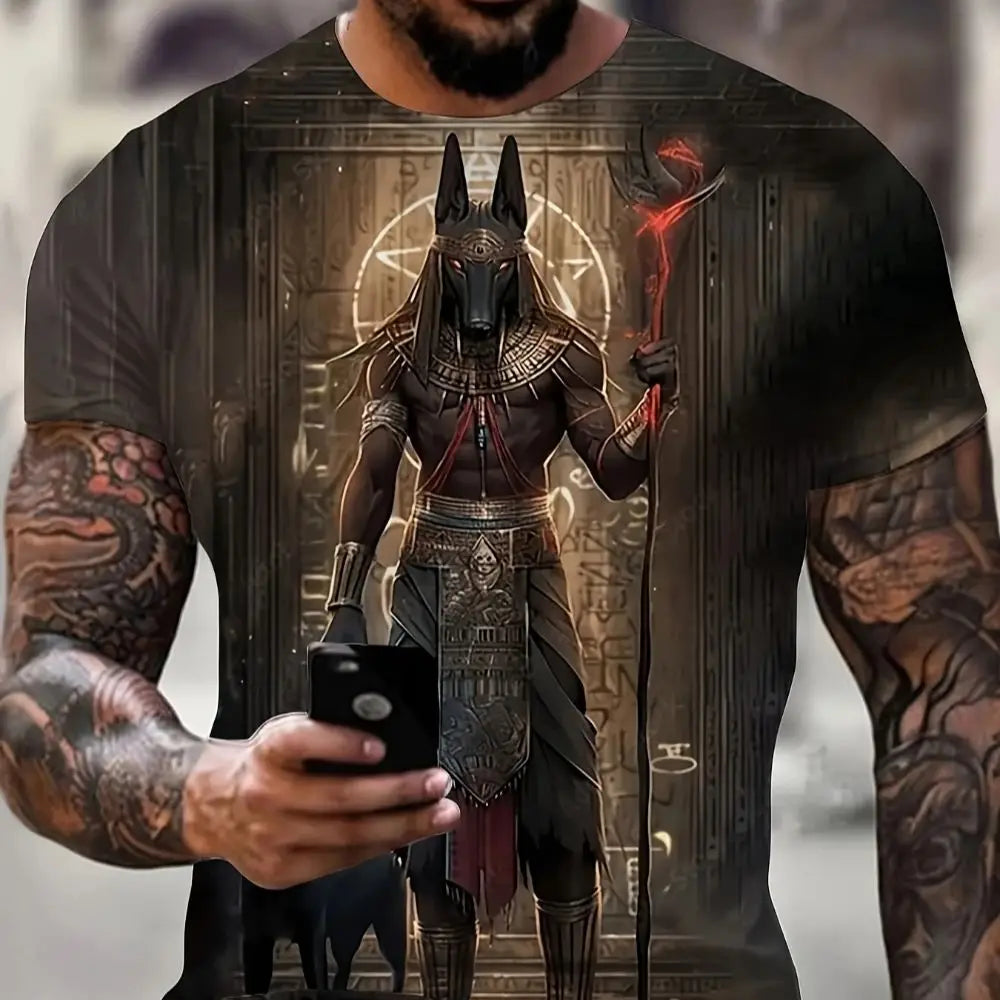 Egyptian Mythology Pattern Men's T-Shirt Hunting Tmall and Anubis Design Cyberpunk Style Short Sleeve Men's Light Casual Edition