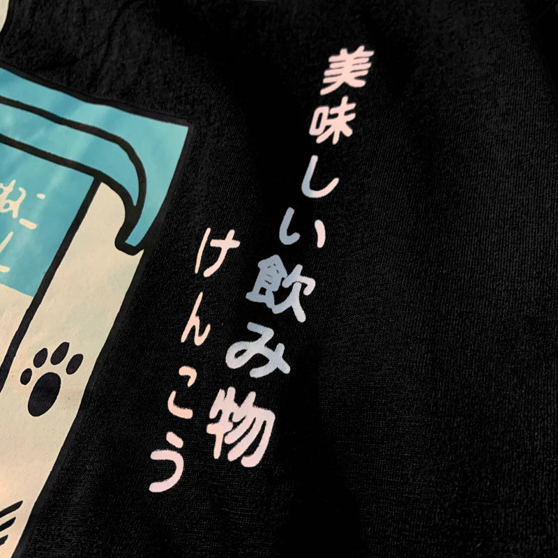 Cute Japanese Cat Print Oversized T-shirt men Women Short Sleeve Loose Casual Tee Shirt Streetwear Tops Cotton Harajuku Clothing - Live Store 4U