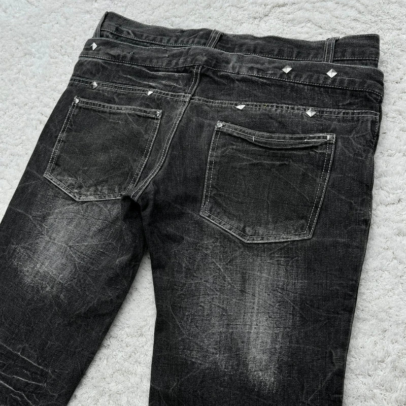 Y2K Washed Jeans Gothic Retro Micro Flared Double Waisted Lace Up Pants Men Women Streetwear High Quality Design Sense Trousers - Live Store 4U