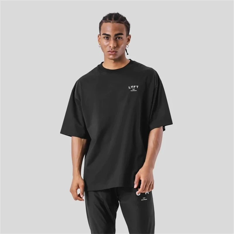 ONE POINT LYFT Print Big T Shirt Men Running Sport Gym Fitness Training Oversized 100% Cotton T-shirt Mens Bodybuilding Tee Tops - Live Store 4U
