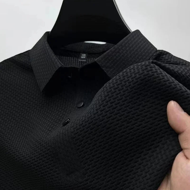 New Men's Business Casual Short Sleeved Bone Flower Solid Color POLO Shirt Fashion Breathable Comfortable Summer Versatile Top - Live Store 4U