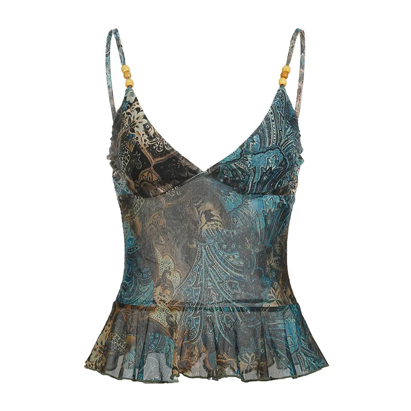 Sexy Strap Vintage Tank Tops Fashion Women Patchwork Y2K Deep V-Neck Beading Sleeveless Crop Top Casual Streetwear Retro Clothes