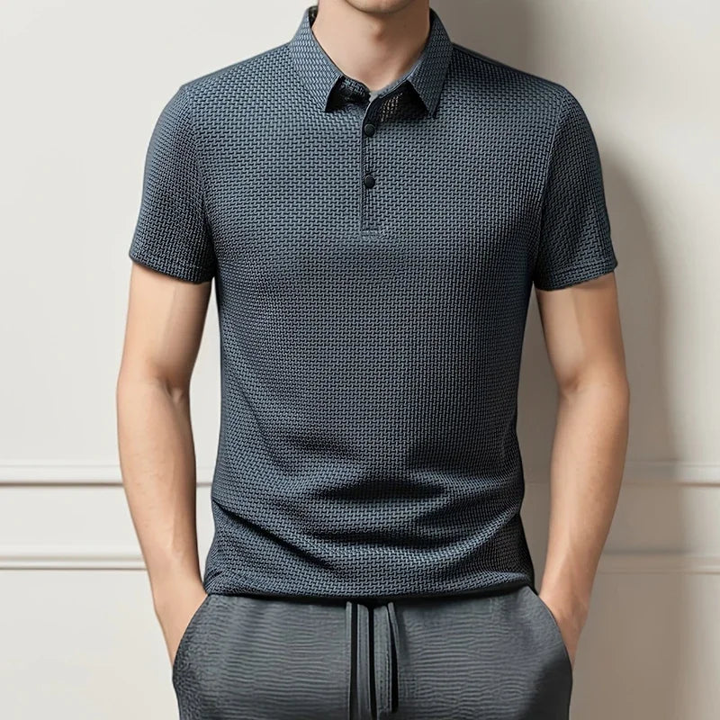 New Men's Business Casual Short Sleeved Bone Flower Solid Color POLO Shirt Fashion Breathable Comfortable Summer Versatile Top - Live Store 4U
