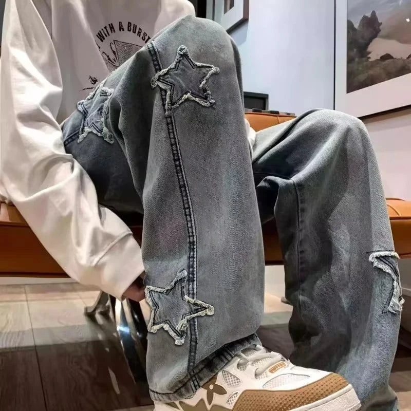 Stars Patchwork Men Jeans New Fashion Y2K Tassel Pants Korea Clothes Straight Hip Hop Splicing Trousers Male Streetwear - Live Store 4U