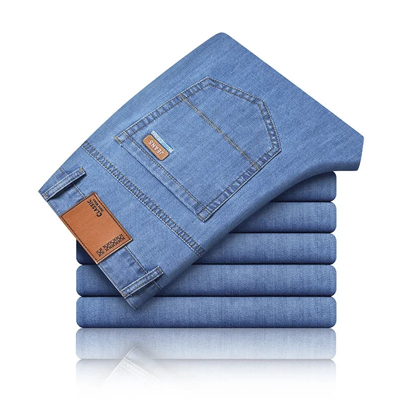 New Ice Silk Thin Denim Jeans For Men Blue Straight Stretch Cotton Pants Business Casual Lightweight Trousers Spring Summer - Live Store 4U