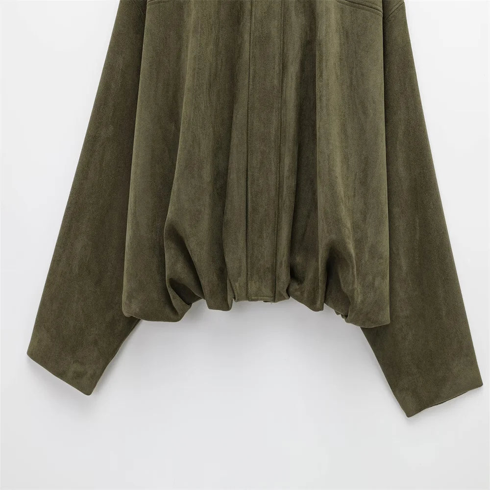 PB&ZA 2025 Women Faux Suede Collared Jacket with Shoulder Straps Loose Fit Stylish Olive Green for Sale on AliExpress