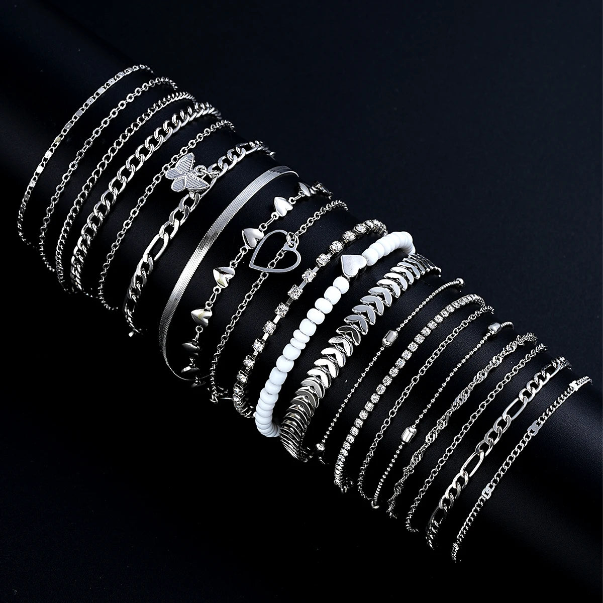 19Pcs/Set New Design Silver Color Anklet Sets for Women Fashion Pearl Butterfly Heart Crystal Foot Chain Versatile Daily Jewelry - Live Store 4U