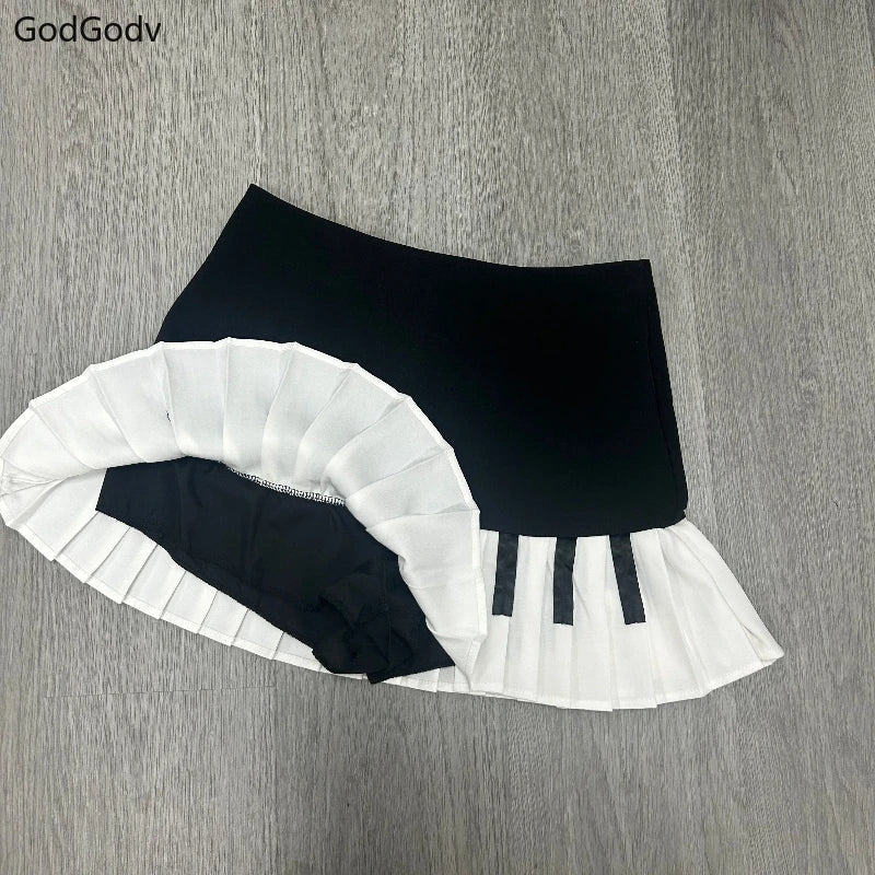 Spring Black White Spliced Women Short Skirt 2025 Y2k Slim Design Harajuku Mini Skirt Female Empire Korea Style Chic Piano Skirt - Live Store 4U