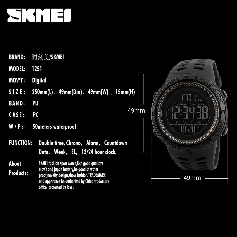 SKMEI 1251 Waterproof Digital Watch for Men Sport Countdown Electronic Wristwatches Mens Military LED Clock 1560 Reloj Hombre