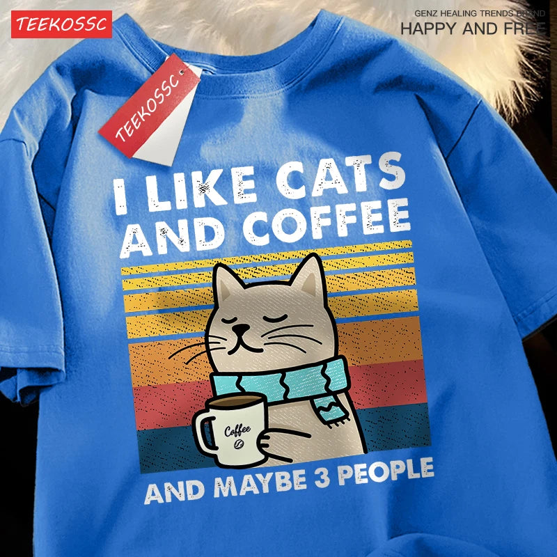 I Like Cats And Coffee Men Women T-Shirt Cotton Tee Clothes Hip Hop Loose Tshirt Fashion Crewneck T-Shirt Streetwear Couple - Live Store 4U