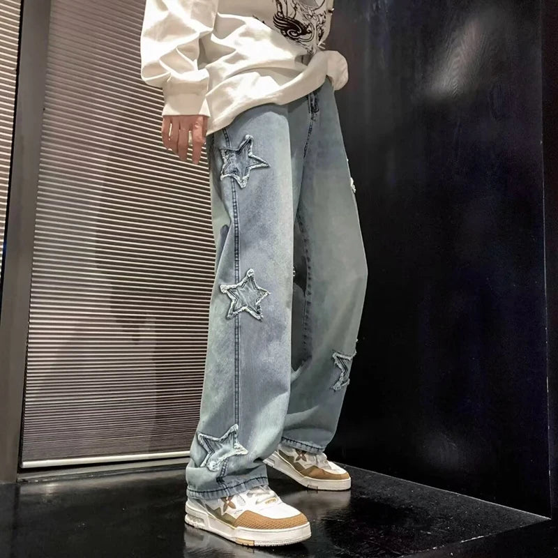 Stars Patchwork Men Jeans New Fashion Y2K Tassel Pants Korea Clothes Straight Hip Hop Splicing Trousers Male Streetwear - Live Store 4U