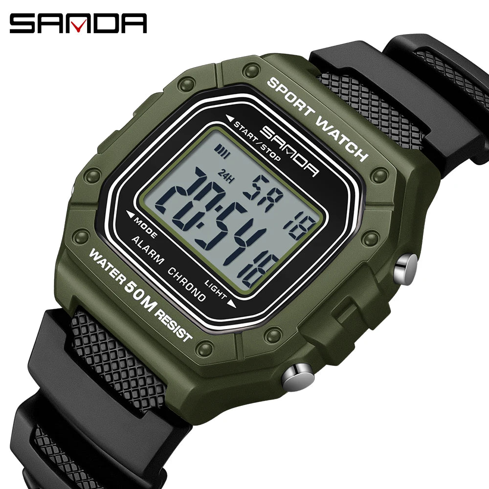 SANDA 2156 Men Watch New Model Electronic Digital Movement Rectangle Led Display Dial Outdoor Sports Watertight Male Wrist Watch