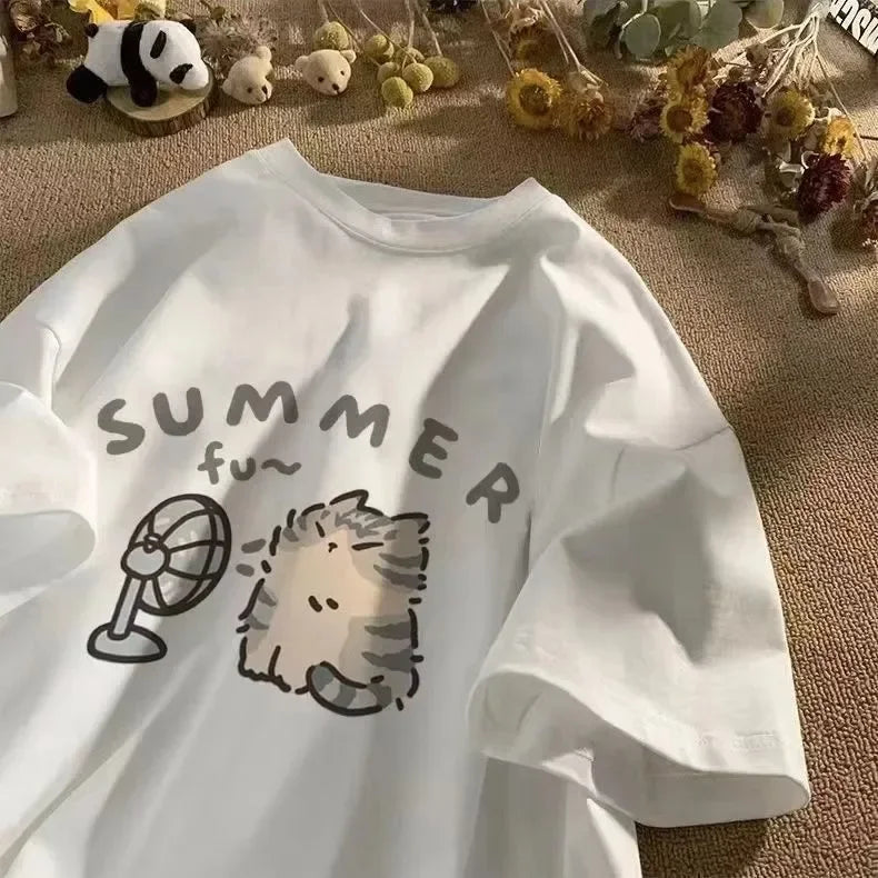 Fan Cat and Women Pure T-shirt for Men American Street Creative Blow Summer Relaxed Short Sleeve Couple Wear INS Top - Live Store 4U
