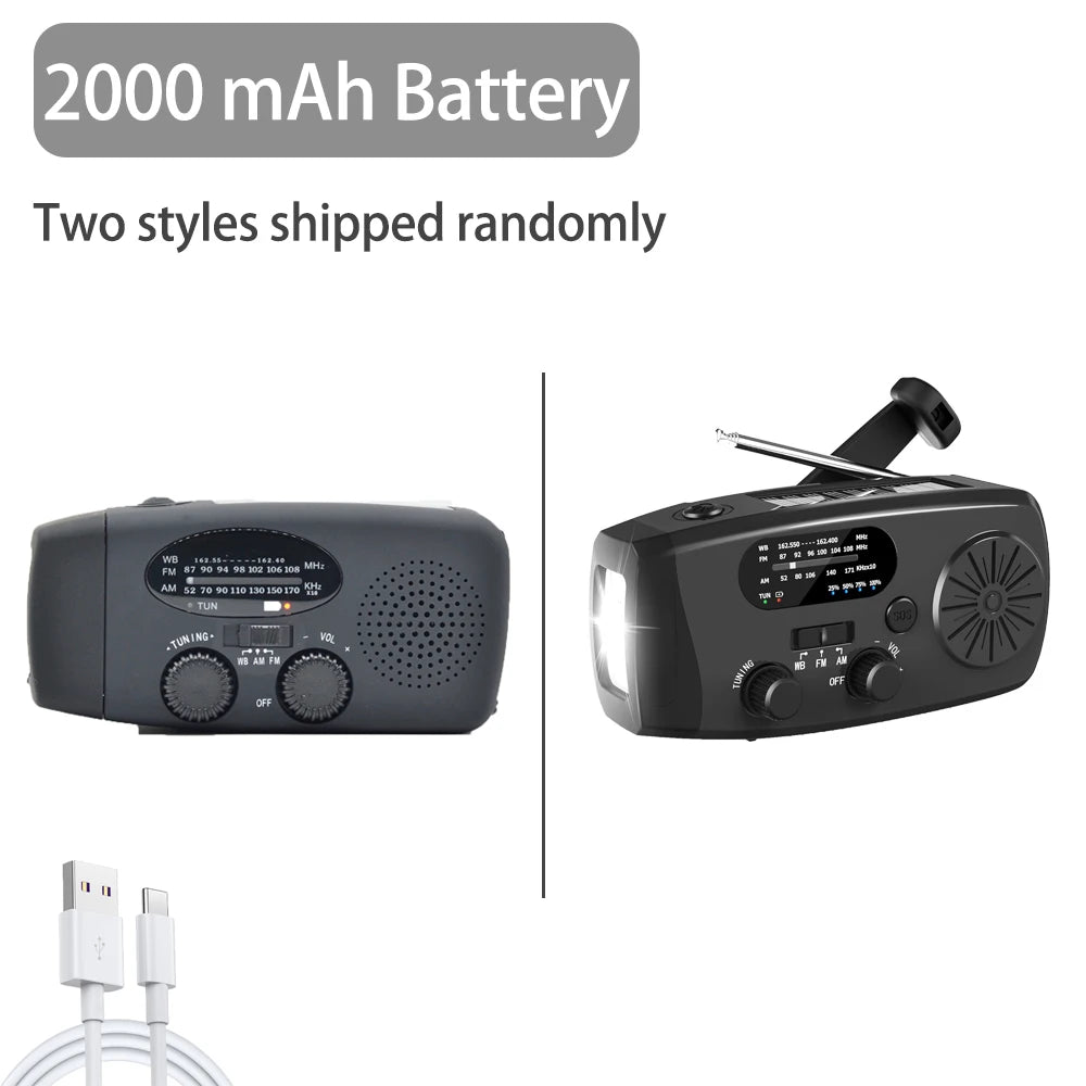 2000 mAh Emergency Radio with LED Lights Radio USB Solar Charging Light Outdoor Travel Portable Rechargeable FM/AM Radio