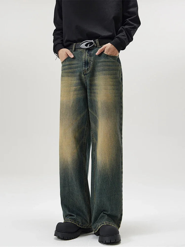 4 Colors Autumn Vintage Distressed Men's Baggy Straight Jeans Fashion Korean High Street Denim Pants Streetwear Male Trousers - Live Store 4U