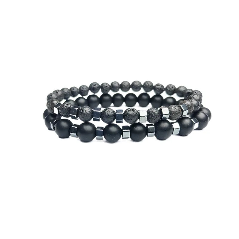 New In Frosted Black Bead Volcanic Stone Men’s Bracelet Set Double Layer Nature Stone Beaded Bracelets Gifts - Live Store 4U