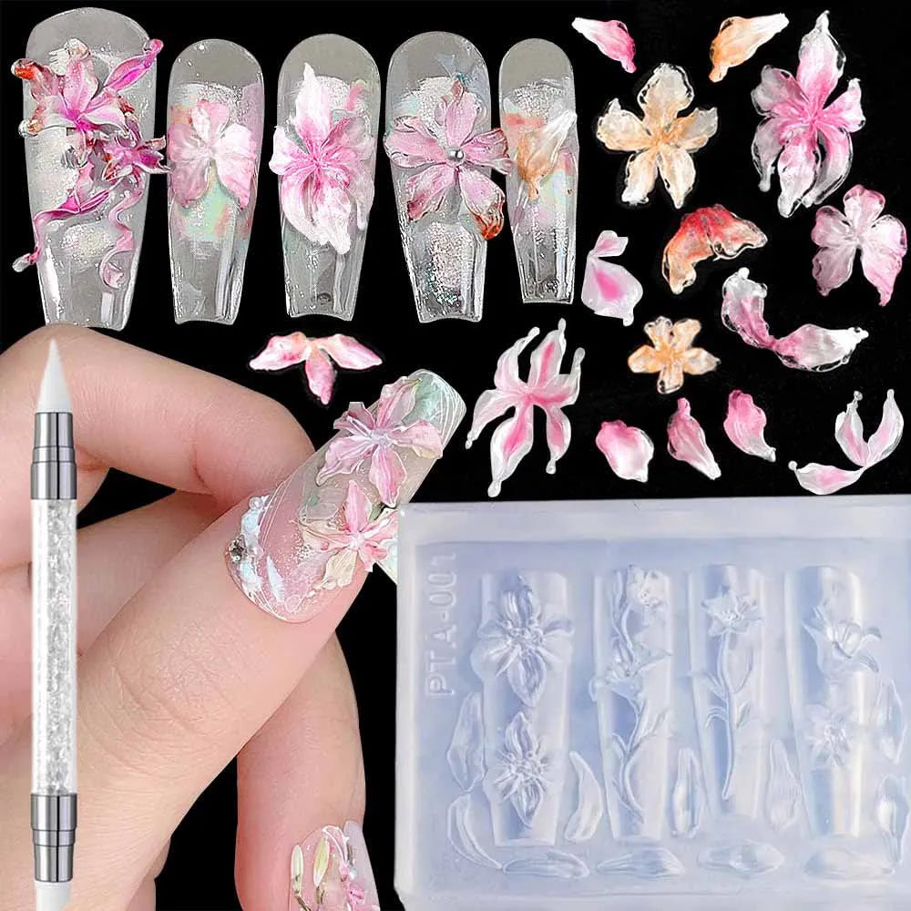 3D Silicone Flower Nail Carving Mold Acrylic Lily Hibiscus Floral Stamping Plate Nails Stencils Five-Petal Blossom Nail Template