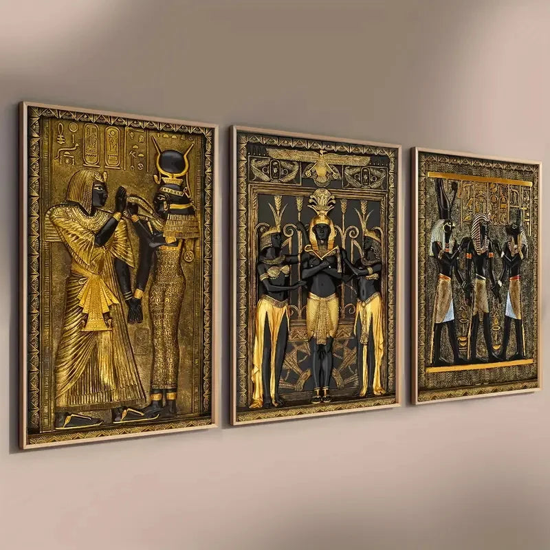 3pcs Canvas Poster Vintage Art Black Gold Egyptian Wall Art Figure Painting Ideal Gift Bedroom Living Room Dorm Corridor Decor