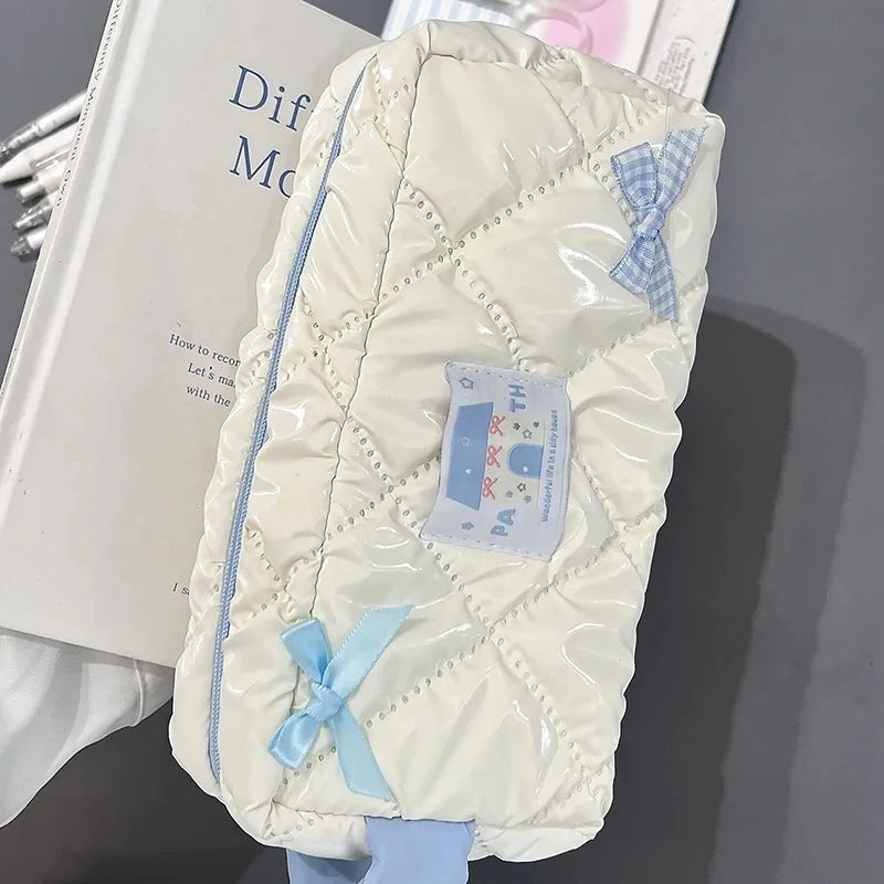 Blue White Bow Pencil Pouch Large Capacity Stationery Bag Travel Organiser Women Cosmetic Bag Cute Design Girls Pencil Case