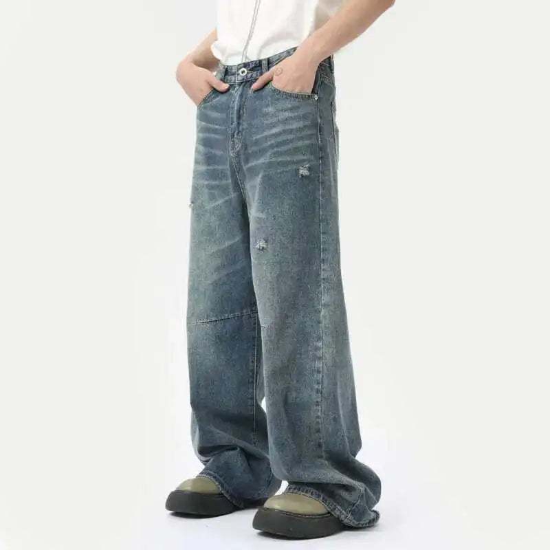 IEFB American Style Men's Denim Pants Washing Fashion Loose Men's Straight Trousers Casual Wide Leg Jeans New Summer 2024 9C6303 - Live Store 4U