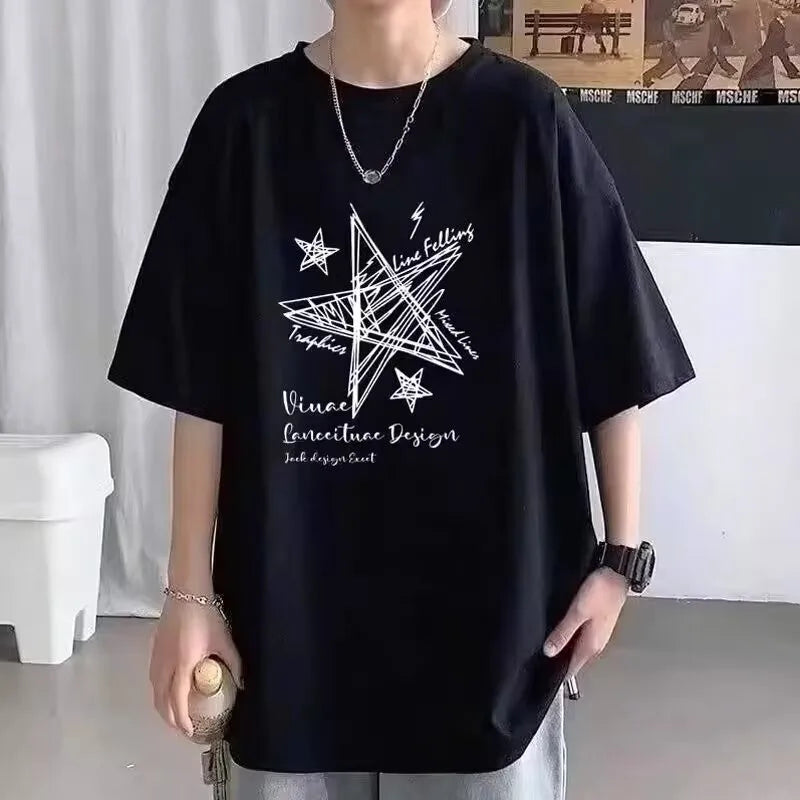 【 M-8XL 】 Summer limited edition men's oversized T-shirt Line stars printed T-shirt suitable for both men and women - Live Store 4U