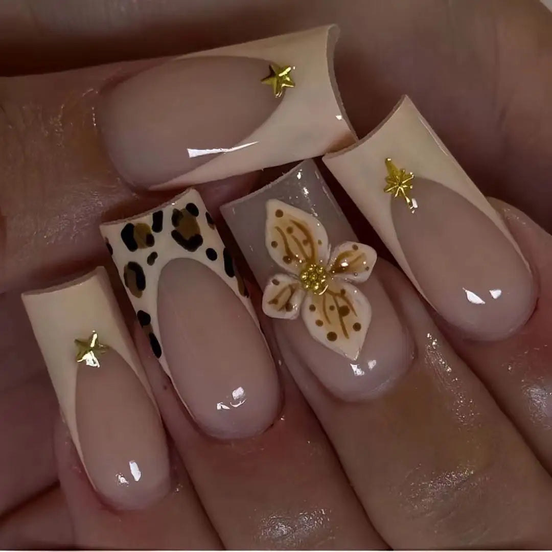 24Pcs Mid-length Square Head French False Nails Press on 3D Flower Design Full Cover Nails Tips Leopard Print Reusable Fake Nail